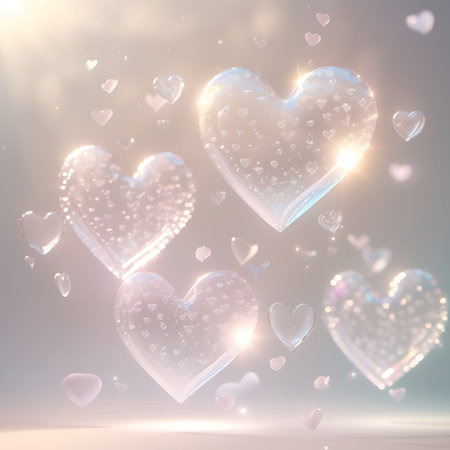 A cluster of transparent, heart-shaped objects, akin to glass bubbles or ornaments, are depicted floating in a bright, luminous environment. Each heart contains small pink glitter particles that catch the light, creating a sparkling effect. The background is a soft blend of pale colors with visible sunbeams and bokeh, conveying a sense of magic and romance.の素材