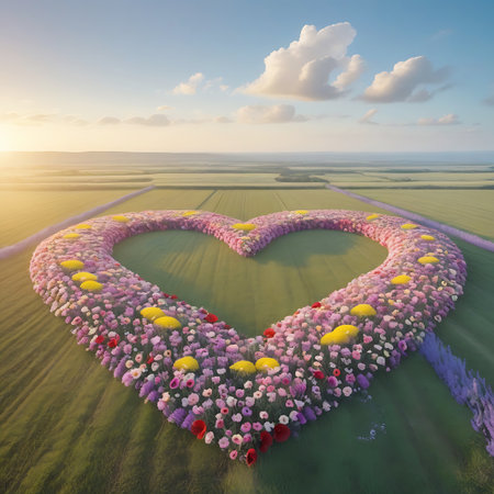 This aerial perspective showcases a heart-shaped arrangement of flowers nestled in a green field. The heart's border is a dense mix of lavender, pink, and red flowers, interspersed with bright yellow blooms. The surrounding landscape features cultivated fields stretching towards the horizon, illuminated by the soft, golden light of early morning. The sky is a clear blue with scattered white clouds.の素材