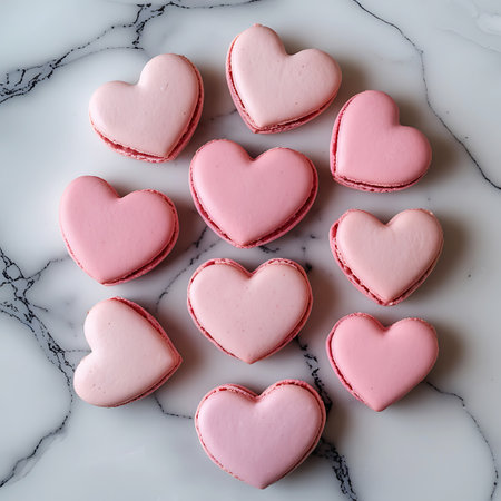 A top-down view of ten pink heart-shaped macarons artfully arranged on a white and grey marble surface. The macarons vary slightly in shade of pink, from pale blush to a deeper rose. They are neatly placed in a circular pattern, showcasing their delicate shells and creamy filling. The marble provides a sophisticated backdrop for the sweet treats.の素材