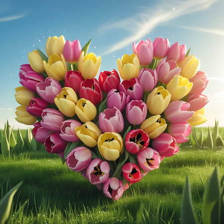 A detailed close-up view of a heart-shaped arrangement made from numerous tulips in pink, yellow, and red. The flowers are densely packed, showcasing their vibrant colors and delicate petals. They are set against a backdrop of bright green grass, with hints of a blue sky and sunlight visible. The image emphasizes the texture and form of the tulips.の素材