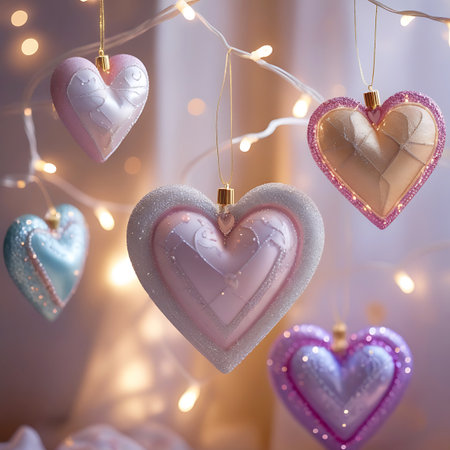 Several heart-shaped ornaments, embellished with glitter and intricate designs, hang against a backdrop of soft, diffused lights. The ornaments feature a variety of colors including pink, purple, gold, and blue, with some having a frosted or textured appearance. The bokeh effect of the lights adds a dreamy and romantic ambiance to the scene.の素材