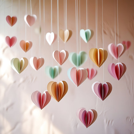 A vibrant display of numerous three-dimensional paper hearts in a variety of pastel shades, including pink, green, cream, peach, and deeper burgundy tones, hang from thin white strings. They are arranged at different levels against a softly lit, textured pink background, creating a dynamic and festive mobile. The lighting emphasizes the folded paper structure and the gentle color palette.の素材