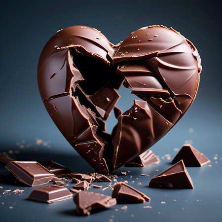 A large, dark chocolate heart is dramatically broken into several large pieces, revealing its hollow interior and the texture of the chocolate. Smaller chocolate fragments and crumbs are scattered around the base on a dark, reflective surface. The image suggests themes of love, heartbreak, and indulgence.の素材