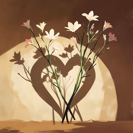 Two delicate stems of white and pale pink flowers are arranged in a minimalist setting. They cast a distinct heart-shaped shadow on a warm, textured beige and brown background. The lighting creates a soft, artistic effect, emphasizing the graceful lines of the flowers and the symbolic shadow. The overall mood is serene and romantic.の素材
