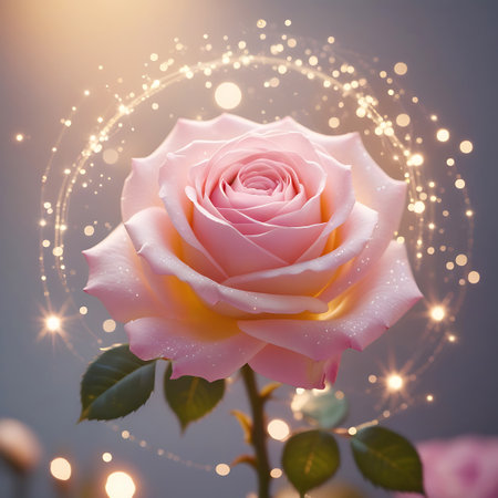 A close-up, centered view of a single, delicate pink rose in full bloom. The rose has soft, layered petals with a slight yellow hue at the center. A shimmering halo of golden sparkles and bokeh lights encircles the flower, creating a magical and romantic atmosphere. The stem and a few green leaves are visible at the bottom, with a soft, out-of-focus background.の素材