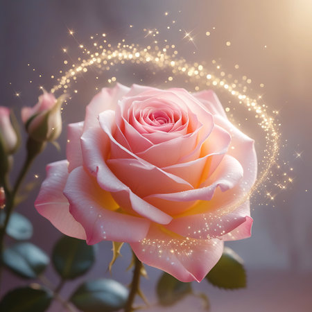 A close-up view of a soft pink rose with a hint of yellow at its center. The flower is adorned with shimmering golden sparkles and surrounded by a halo of golden light trails. Out-of-focus bokeh lights create a magical and romantic ambiance in the background.の素材