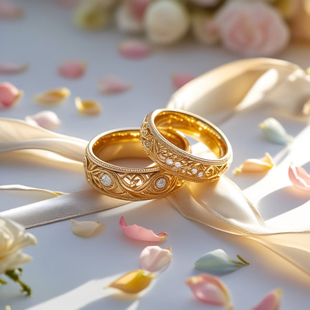 Two ornate gold wedding rings, one slightly larger than the other, are positioned on a flowing satin ribbon. The rings are detailed with intricate swirling patterns and small sparkling diamonds. Scattered around the rings are delicate pastel-colored flower petals and soft focus flowers, creating a romantic and elegant atmosphere. The lighting is soft and warm, highlighting the shine of the gold and the sparkle of the diamonds.の素材