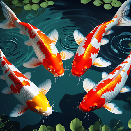 Four striking koi fish, featuring diverse patterns of orange, white, and yellow, swim in a dark blue pond. Their detailed scales, fins, and tails are prominent. The water's surface is illuminated by reflections, creating subtle ripples. The scene is framed by lush green aquatic plants. This top-down view emphasizes the beauty and variety of these ornamental fish in their natural-like aquatic setting.の素材