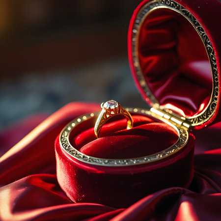 A close-up, studio shot of a gold ring with a single diamond solitaire, presented in an open, ornate red velvet ring box. The box is placed on draped red silk fabric, with soft light and shadows highlighting the luxurious textures and the sparkle of the diamond.の素材