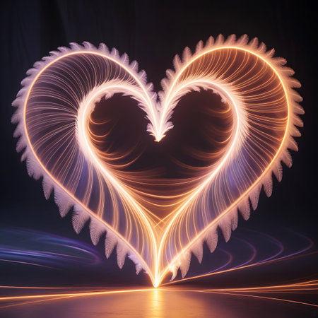 An abstract, glowing heart shape is formed by intricate lines of light and delicate feather-like textures. The heart emanates a warm, fiery orange and pink glow against a dark background, with streaks of light extending downwards, suggesting energy and movement. The overall effect is ethereal and romantic, evoking feelings of passion and love.の素材