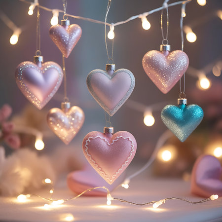A collection of heart-shaped ornaments, adorned with glitter and sparkling details, are suspended by strings against a softly blurred background of warm, glowing lights. The ornaments are in shades of pink and a single teal blue, creating a romantic and festive atmosphere. Some ornaments have intricate patterns, and the overall effect is delicate and shimmering.の素材