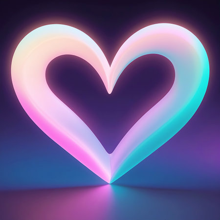 A single, large heart shape glows with a soft, ethereal light. The illumination transitions from a warm pink on the left side to a cool blue-green on the right, with a subtle purple hue in the background. The heart appears to be made of a smooth, translucent material, casting a gentle reflection on the surface below. The overall aesthetic is modern and abstract, evoking feelings of love and romance.の素材