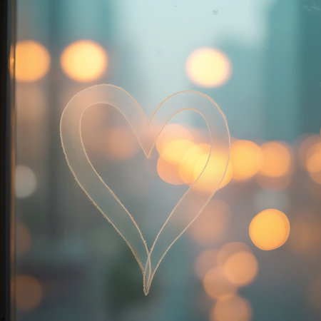 A heart shape is drawn with a frosted effect on a window. The background is a soft, blurred display of city lights at night, creating a warm bokeh. The frosted texture of the drawing adds a delicate and ethereal quality to the image.の素材