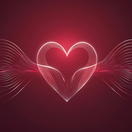 A luminous, stylized heart shape is centrally positioned against a deep red gradient background. Thin, glowing white and pink lines form the heart, with delicate, flowing waves of light emanating outwards from its sides, creating a sense of movement and energy. The overall effect is elegant and romantic.の素材