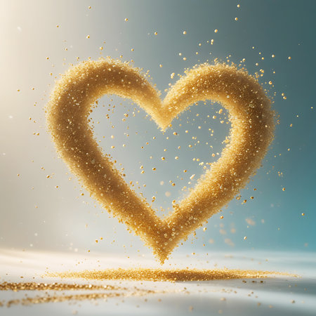 This image features a heart shape constructed from numerous small, golden, sparkling particles, resembling fine sand or glitter. The particles are densely clustered to define the heart's outline, with many individual specks shimmering and reflecting light. The heart appears to be floating, with loose particles scattered around it and a collection of them resting on a smooth, reflective surface at the bottom. The background is a soft, hazy blue with bright highlights.の素材