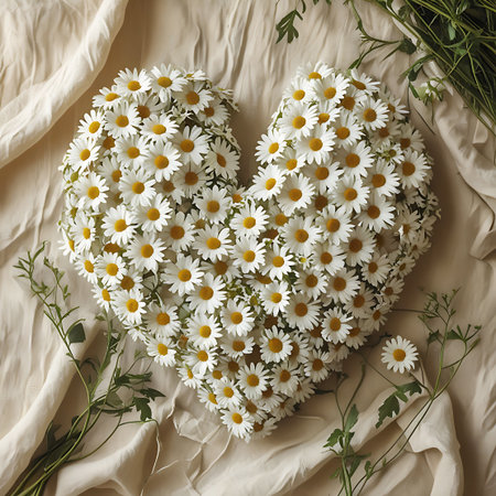 A heart shape is formed from a dense arrangement of white daisy flowers with bright yellow centers. The flowers are clustered together, creating a full and textured heart. Green stems and leaves are visible, adding a natural element. The arrangement is placed on a draped, textured beige fabric, suggesting a rustic or natural setting. The lighting is soft and natural, highlighting the delicate beauty of the daisies.の素材