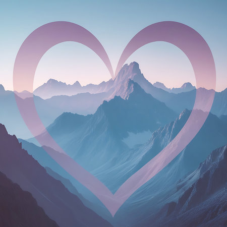 A translucent heart shape is layered over a breathtaking mountain landscape. The jagged mountain peaks are depicted in cool blue and purple tones, softened by atmospheric haze. The sky displays a gentle pastel gradient of blue, pink, and pale yellow. The heart shape, in a soft pink and white hue, subtly merges with the sky and mountain scenery.の素材