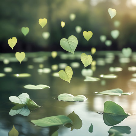 Numerous green, heart-shaped leaves are scattered across the surface of calm water. Some leaves float flat on the water, while others are suspended slightly above, creating a sense of gentle movement. The background is softly blurred, suggesting a natural, verdant environment. The overall impression is one of freshness, growth, and tranquility.の素材