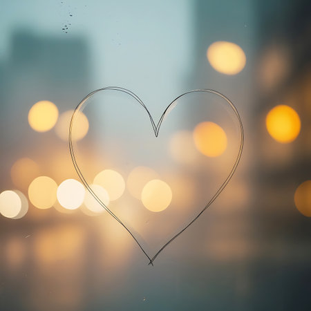 A simple, hand-drawn heart outline is etched onto a steamy windowpane. The background is a blurred cityscape at night, with warm, glowing bokeh lights creating a romantic and atmospheric effect. The condensation on the glass adds a delicate texture.の素材