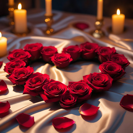 A heart shape is meticulously crafted from vibrant red roses, their petals unfurled. Several lit candles with warm, golden flames are placed around the heart, illuminating the scene. The arrangement is set on a draped, smooth, and lustrous satin fabric in a light, creamy color. Scattered red rose petals add to the romantic ambiance. The lighting is soft and warm, creating an intimate and celebratory mood.の素材