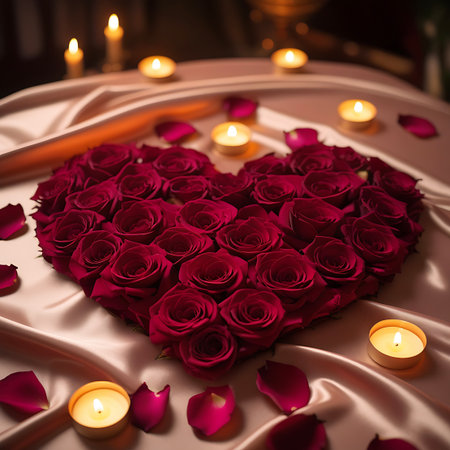 A heart shape is densely filled with numerous dark red roses, their petals tightly packed. Several small, lit candles with warm, golden flames are scattered around the heart, casting a soft glow. The arrangement is placed on a draped, smooth, and lustrous silk fabric in a soft pinkish-tan hue. Scattered rose petals enhance the romantic and intimate atmosphere. The lighting is warm and gentle, suggesting a special occasion.の素材