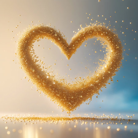 A heart shape is meticulously crafted from a multitude of fine, golden, sparkling particles that resemble glitter or sand. The heart is suspended in the air, with individual particles catching the light and creating a shimmering effect. Loose particles are scattered around the heart and form a small pile on a reflective surface in the foreground. The background is a soft gradient of blue and pale yellow, with bright light rays adding to the ethereal and celebratory mood.の素材