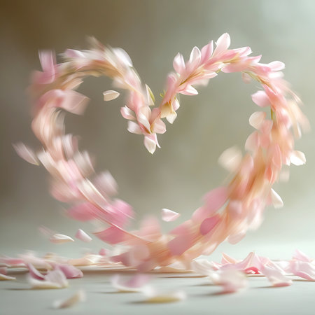 A heart shape is intricately formed by numerous pink and white flower petals, with a noticeable motion blur adding a sense of fluid movement. Scattered petals lie on the surface below and float around the central form. The background is a soft, neutral gradient, highlighting the delicate structure of the petal heart.の素材
