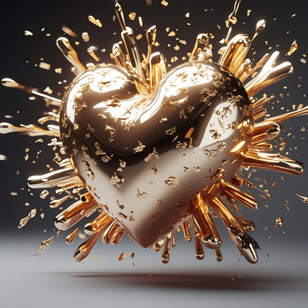 A lustrous golden heart is surrounded by a vibrant explosion of liquid gold splashes and fiery, metallic rays. The molten-like texture of the gold adds a fluid and energetic feel to the burst. The background is dark, emphasizing the bright, glowing elements. Small golden particles are scattered around the scene.の素材
