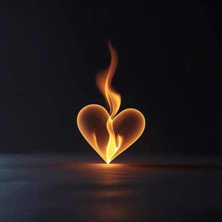 A stylized heart shape is dramatically illuminated by vibrant orange and yellow flames that lick upwards from its center. The background is a deep, dark, and slightly textured black, with subtle hints of light or stars. The heart itself appears to be glowing from within, with the fire casting a warm, intense light on its contours and the reflective surface below.の素材