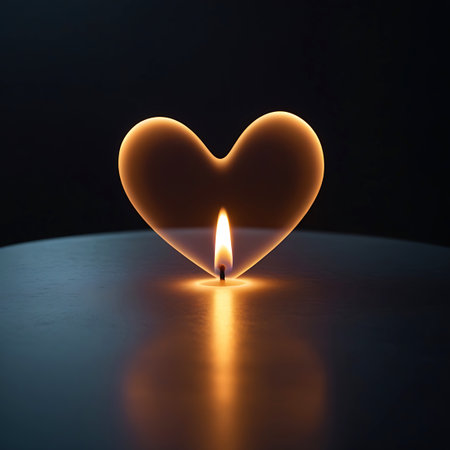 A single candle flame burns brightly, its heat shaping the surrounding air into a translucent heart shape. The flame casts a warm, orange glow, reflected on the dark, glossy surface below. The background is a deep, dark void, emphasizing the luminous heart and its fiery core.の素材