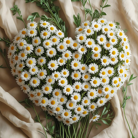 A heart shape is densely composed of numerous white daisy flowers with vibrant yellow centers, interspersed with lush green stems and leaves. The floral arrangement is set on a draped, textured beige fabric, creating a natural and organic feel. The lighting is soft and natural, emphasizing the freshness and delicate beauty of the daisies and greenery. The overall impression is one of simple elegance and natural charm.の素材