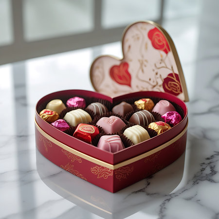 Heart showing heart shaped box filled with assorted chocolates. High resolution image suitable for commercial use. Clear details and vibrant colors enhance visual appeal.の素材