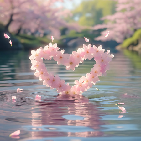 A heart-shaped wreath crafted from delicate pink cherry blossoms floats serenely on the surface of calm water. Pink petals are scattered around the heart and on the water's surface, creating gentle ripples. The background features blurred trees with blooming cherry blossoms, suggesting a beautiful spring day in a park or garden.の素材