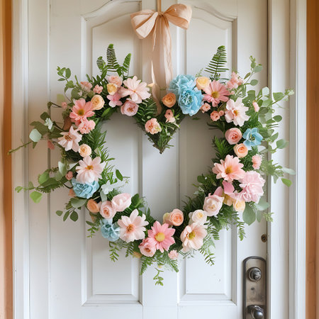 A beautiful heart-shaped floral wreath featuring a mix of soft pastel flowers in shades of pink, peach, and light blue, complemented by various green leaves and ferns. A pale peach ribbon is tied in a bow at the top, serving as a hanger. The wreath is displayed on a white paneled door, adding a decorative and welcoming touch to the entrance.の素材