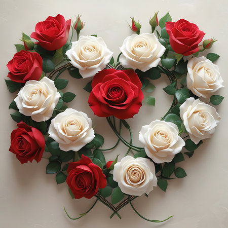 A detailed heart-shaped floral arrangement featuring a mix of deep red and soft white roses. The blooms are tightly clustered, with visible petals and green leaves adding depth and texture. The arrangement is presented against a neutral background, highlighting the intricate details of the flowers and their romantic, heart-like form.の素材