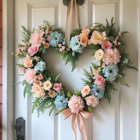 A charming heart-shaped floral wreath adorned with a variety of pastel-colored flowers, including soft pinks, peaches, and light blues, along with lush green foliage and ferns. A delicate peach ribbon and bow are attached to the top and bottom of the wreath. The wreath is hung on a white wooden door, suggesting it is an exterior decoration.の素材
