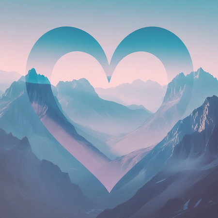 A large, translucent heart-shaped silhouette overlays a breathtaking mountain landscape. The mountains are layered in shades of blue and purple, with soft mist filling the valleys and creating a sense of depth. The sky transitions from a soft pink at the horizon to a pale blue at the top, with subtle gradients adding to the ethereal atmosphere.の素材