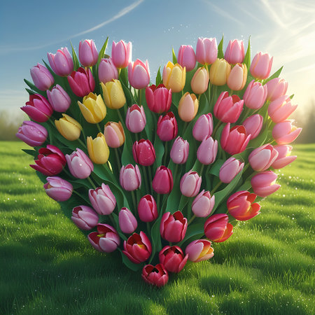 A vibrant heart-shaped arrangement of numerous tulips in shades of pink, yellow, and red sits on a lush green grassy field. The background features a bright blue sky with wispy clouds and soft sunlight, creating a cheerful and romantic atmosphere. The tulips are densely packed, forming a perfect heart shape with their petals and leaves.の素材