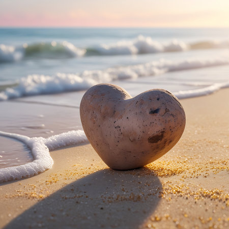 A smooth, heart-shaped stone rests on a sandy beach, with gentle ocean waves lapping at the shore. The setting sun casts a warm glow on the scene, creating a peaceful and romantic atmosphere. The stone's natural texture and the soft light highlight its unique form against the backdrop of the sea.の素材