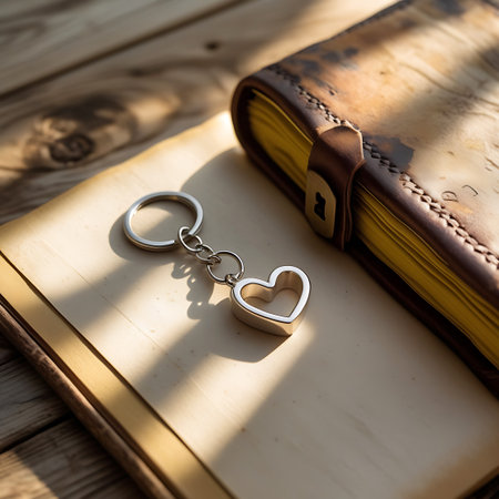 A silver heart-shaped keychain rests on the open pages of a vintage journal. The journal has a worn leather cover with a brass lock and clasp. The pages are aged and yellowed, and the wooden table surface beneath shows distinct grain and texture. Sunlight casts a warm glow and shadows across the scene, highlighting the details of the objects.の素材