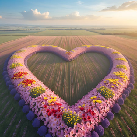 An aerial perspective presents a large heart-shaped flower bed situated in a cultivated field. The heart is meticulously crafted with a dense border of purple flowers, transitioning to a vibrant mix of pink, red, and yellow blossoms within. The surrounding fields are bathed in the warm, diffused light of either sunrise or sunset, creating a serene and picturesque atmosphere. The sky above is a soft blue with gentle clouds.の素材
