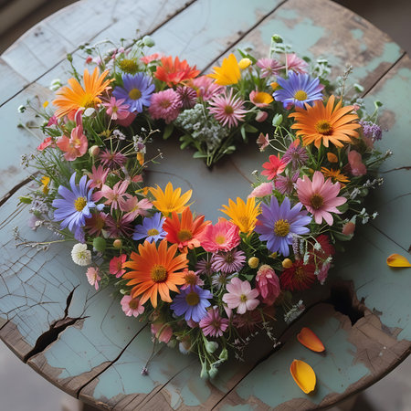 Heart showing heart shaped floral wreath on rustic wooden table. High resolution image suitable for commercial use. Clear details and vibrant colors enhance visual appeal.の素材