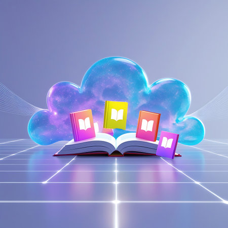 An open book lies on a reflective, grid-patterned surface. Above it, a large, translucent cloud-like shape shimmers with cosmic colors. Four smaller, brightly colored books (pink, yellow, red, purple) float around the cloud. Thin, glowing lines connect points in the background, creating a sense of digital connectivity.の素材