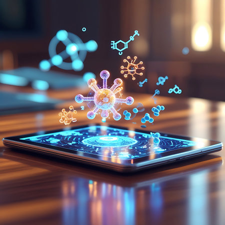 A tablet screen projects a glowing holographic display of virus-like particles and intricate molecular structures. The projection is rendered in shades of blue, purple, and orange, with a central, detailed virus model. The tablet is positioned on a wooden surface in a dimly lit room, highlighting the luminous digital display.の素材