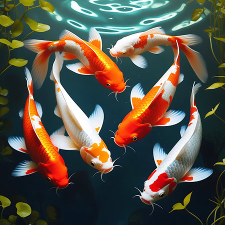 A dynamic school of five colorful koi fish, a mix of orange, white, and red patterns, swim together in a dark blue pond. Their sleek bodies, detailed scales, and flowing fins are clearly visible. The water surface shows light reflections and gentle ripples. Surrounding the fish are vibrant green aquatic plants, creating a natural and tranquil environment. The image is taken from a high angle, showcasing the movement and interaction of the fish.の素材