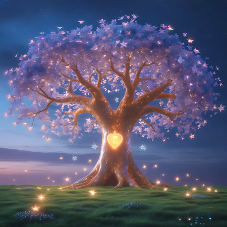 A majestic, enchanted tree stands in a grassy meadow under a twilight sky. Its trunk glows with a warm, golden heart symbol. The tree's branches are adorned with delicate, star-shaped leaves that emit a soft, ethereal light in shades of purple and pink. Numerous small, glowing orbs and star-like lights are scattered around the base of the tree and in the air, creating a magical and dreamlike atmosphere.の素材