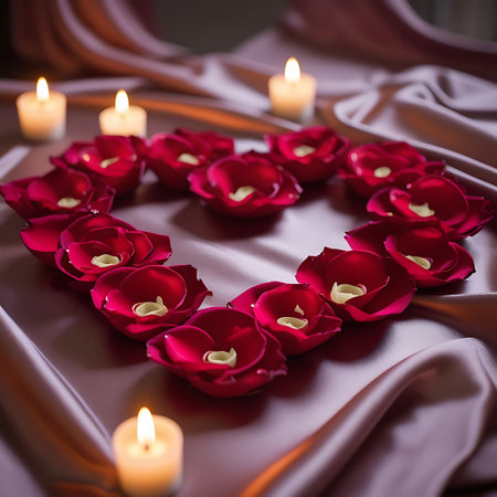 A heart shape is formed from numerous deep red rose petals, each with a subtle yellow center. Several small, lit candles with warm flames are scattered around the heart, casting a soft glow. The arrangement rests on a draped, smooth, and lustrous silk or satin fabric in a muted purplish-brown hue. The overall scene evokes a romantic and intimate atmosphere.の素材
