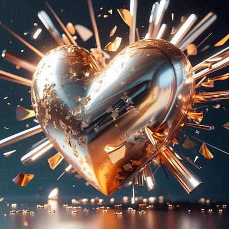 A gleaming, metallic heart shape is at the center of a dynamic explosion. Golden and silver shards and fragments burst outwards, creating a sense of energy and motion. Thin, sharp light rays emanate from behind the heart, adding to the dramatic and celebratory feel. Small flecks of gold glitter are scattered around the foreground and background.の素材