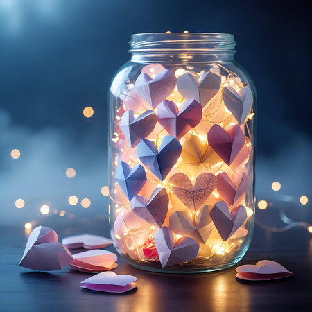 A clear glass jar is filled with numerous folded origami hearts in pastel shades of pink, purple, white, and blue. A string of warm fairy lights is intertwined among the paper hearts, illuminating them from within. Several more origami hearts are scattered on the dark wooden surface in front of the jar, and a soft bokeh of light circles is visible in the blurred background.の素材