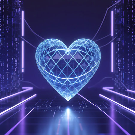 A luminous, geometric heart shape crafted from glowing blue lines and facets dominates the center of the image. It is set against a dark, futuristic digital background with vertical lines of purple light and a grid-like pattern on the floor, suggesting a cyberspace or advanced technological environment.の素材